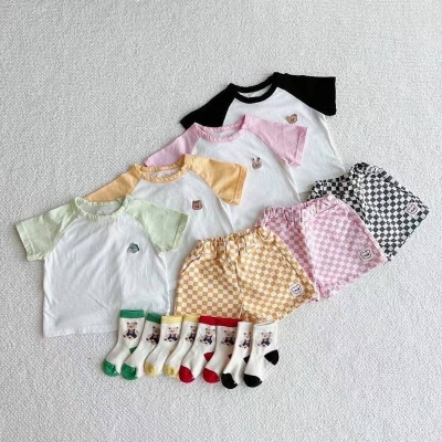 2023夏裝可愛小刺繡貼標格子褲套裝