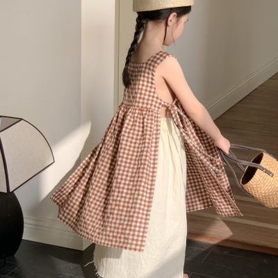 女童韓版格子吊帶背心連衣裙無袖綁帶上衣