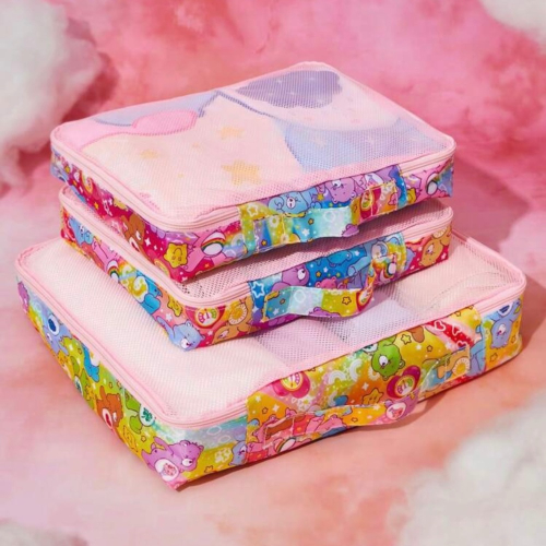 正版聯名 彩虹熊Care Bears 3件組可愛卡通熊印花旅行收納包 大中小分類收納袋