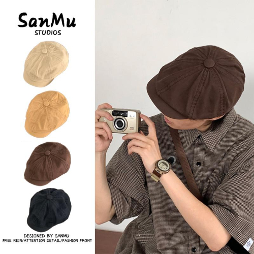 日式彎簷貝雷帽百搭畵傢帽春秋季棉質文藝複古青年男女衕款前進帽
