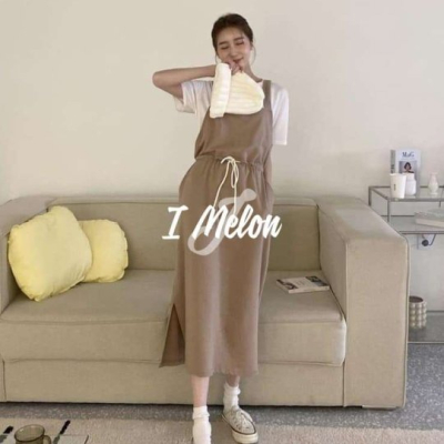 【現貨】素面側開岔抽繩綁帶縮腰吊帶裙※卡其 ::: i-MelOn :::100%韓國空運 正韓