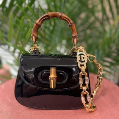 二手99新 GUCCI古馳23新款Bamboo 1947系列女士迷你黑色漆皮單肩手提包