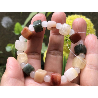 天然玉石水沫玉鈉長石玉水沫子三彩方糖圓珠手鍊手排手串手環10mm