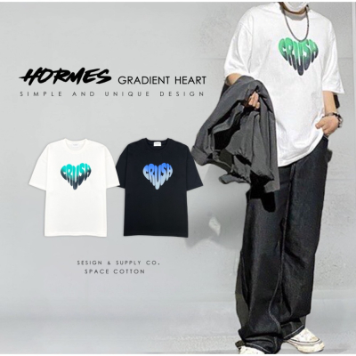 [HORMES] 0212 漸層 愛心 落肩 韓風 五分袖 字母T 印花T 寬鬆 百搭 短袖 短t