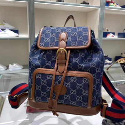 二手99新Gucci古馳男女同款藍色牛仔丹寧GG Retro雙肩包休閑背包674147