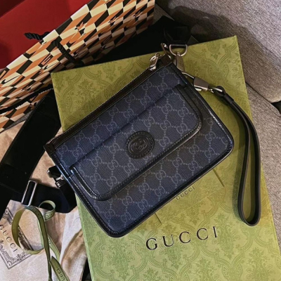 二手99新Gucci古馳男包黑色GG Retro系列郵差包單肩包674164