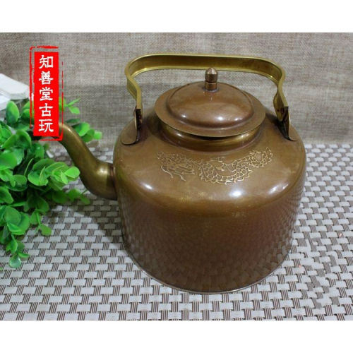 仿古銅器黃銅 擺件裝飾黃銅溫酒壺手提壺雙龍雕花提壺