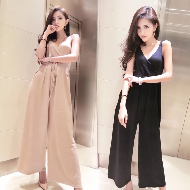 ❤️現貨在台，杏 連身褲 連體褲 寬鬆 顯瘦 長褲 細肩帶 深v 女神 仙女 顯瘦 寬闊褲 寬褲 party