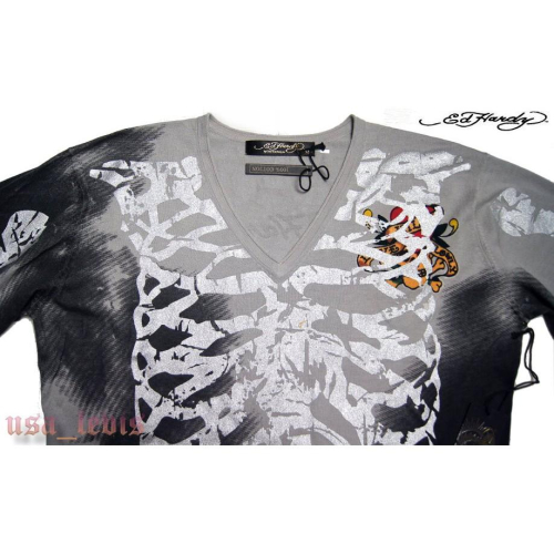 賠售【美國ED HARDY 專賣】高質感愛殺骷髏 雙面 肋骨銀漆漸層 灰色 V領 長袖 針織衫L號獨賣優惠