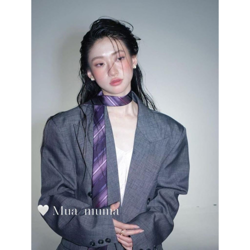 ??????｜復古小眾紫色條紋領巾領帶春夏新款小眾飄帶西裝襯衫系脖絲巾配飾