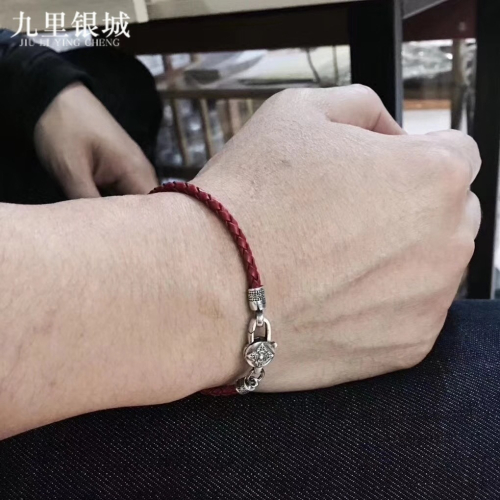 S925銀本命年紅繩男女情侶手鏈百搭六子真言編織紅黑皮繩禮物