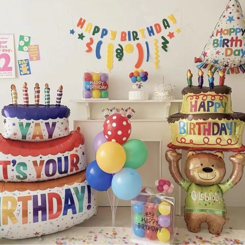 韓版超大生日蛋糕氣球?台灣現貨?舉蛋糕小熊 生日佈置 生日禮物 帽子微笑氣球 生日派對佈置 網紅必備 驚喜造型週歲儀
