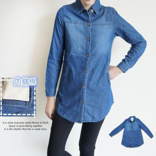 M~L立領顯瘦腰身鋪棉保暖牛仔襯衫前兩側假口袋 女裝.N9.009