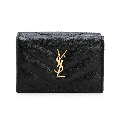 【YSL 聖羅蘭】 YSL 金LOGO三折短夾全開零錢袋 (黑) __DVSHOP 保證正貨 台灣現貨不用等