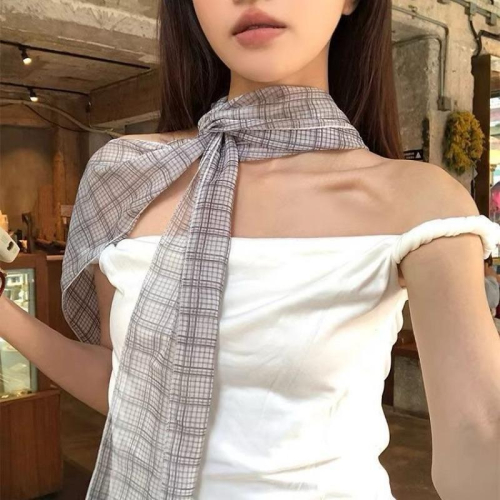 ??????｜現貨｜韓系格紋百搭長條絲巾女夏季新款時尚系脖高級感綁帶飄帶領結