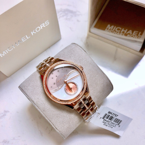 MICHAEL KORS手錶 MK手錶 璀璨星珍珠貝母鑲鑽石英錶 咖色鋼鏈錶 時尚潮流女錶 大直徑精品手錶 女生手錶