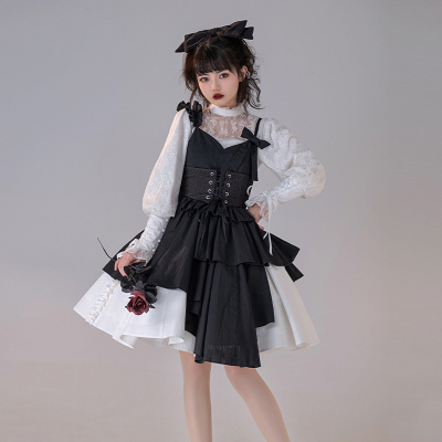 【預購】lolita暗夜魔女 荷葉邊肩帶不規則裙襬吊帶洋裝/連身裙/連衣裙&半身裙/稱裙&綁帶封腰&蝴蝶結 哥德蘿莉塔