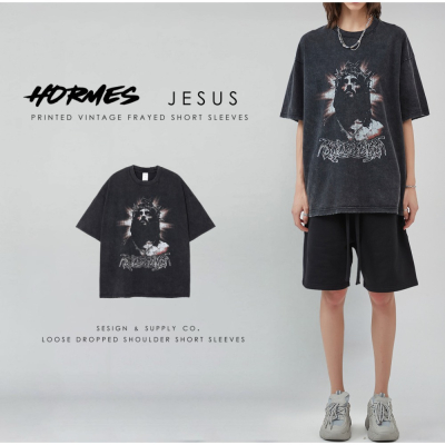 [HORMES] 5203 耶稣 祈禱 致敬 印花T 韓T 短袖 短T 仿舊 复古 磨破 破壞 短袖Tee