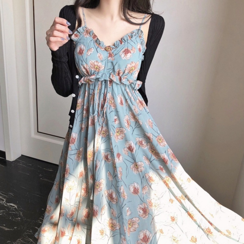 年法式新款長裙早秋設計感小眾外穿吊帶碎花連衣裙子套裝女夏