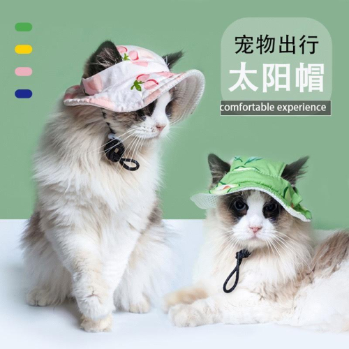 現貨 夏季猫狗帽子寵物頭套外出防曬帽子狗狗貓貓漁夫帽透氣防曬遮陽帽可調節鬆緊度不卡耳朵