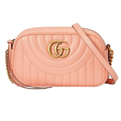 二手99新 GUCCI/古馳23新款女士桃色小號絎縫雙G配飾皮革單肩包
