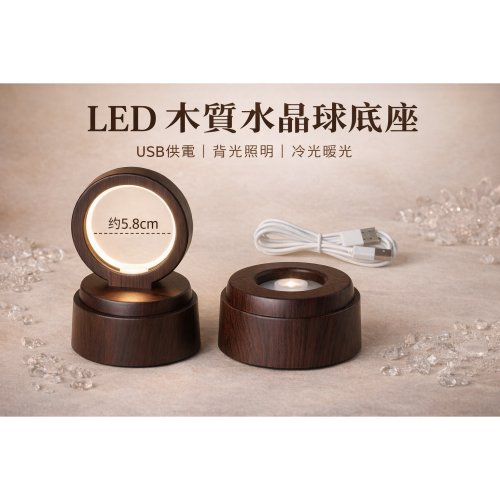 LED 木質水晶球燈座｜USB供電｜旋轉發光底座｜桌面展示燈座