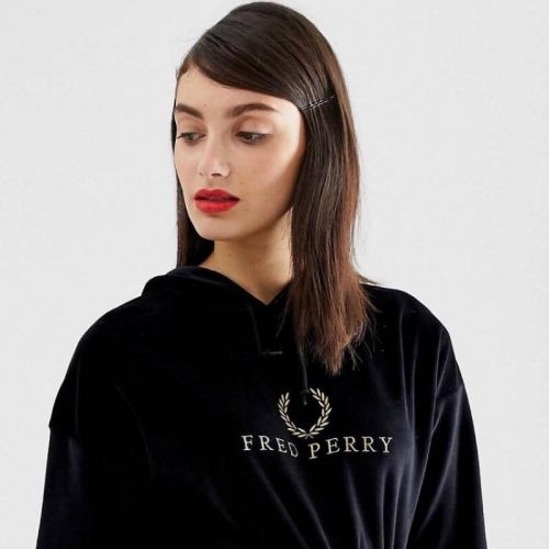 Fred Perry 金色復古LOGO刺繡 絲絨連帽長袖T velour hoodie uk8