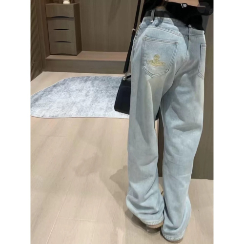 Vivienne Westwood 牛仔褲 高腰顯瘦 經典土星刺繡 直筒修身 百搭長褲 ✔️國際運送約十幾天，可以等待