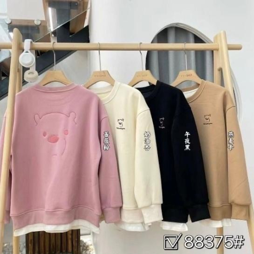 N-1109 ???? 現貨? ?小熊刺繡圓領刷毛拼接衛衣上衣