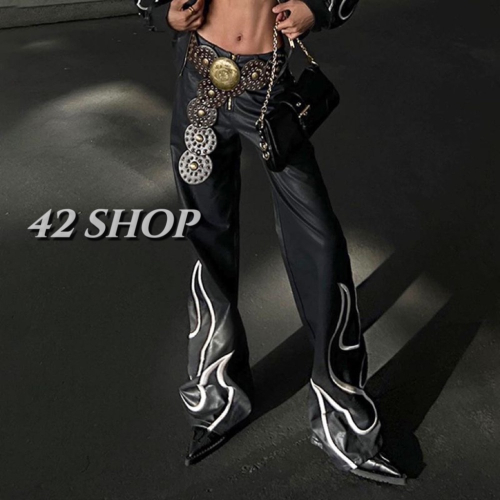 ?? ???? ?????? | 歐美高街火焰印花微喇皮褲