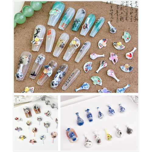 【美甲飾品】30顆入仿真中式青花瓷。水墨花瓶。仿真古扇。美甲花瓶飾品。美甲扇子飾品。樹脂美甲飾品。