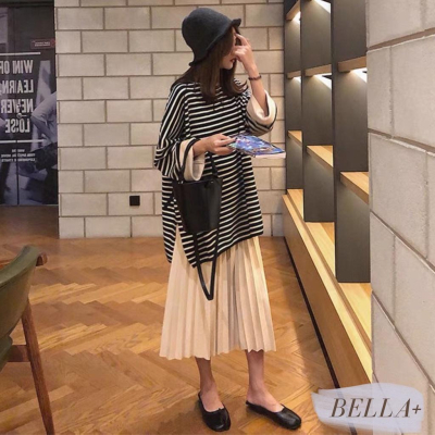 BELLA+?大尺碼赫本風輕熟復古CHIC條紋衣+百褶裙兩件套裝XL可台灣現貨寬鬆女冬新款百褶裙落肩