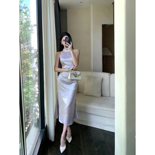 清新 淡雅 優雅中國風氣質削肩淺紫色改良旗袍 古典風格 中國風旗袍 古裝 主題攝影 緞面旗袍 印花 紫色旗袍