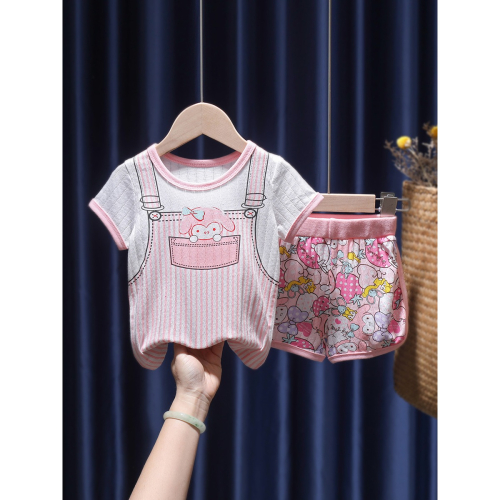 女寶寶卡通家居服套裝3女嬰兒夏T恤+熱褲女童0-8歲超軟純棉兩件套