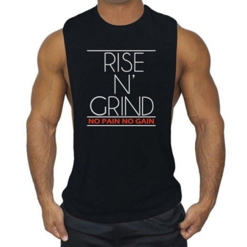 gym tank top men圆领大开叉运动背心男纯棉