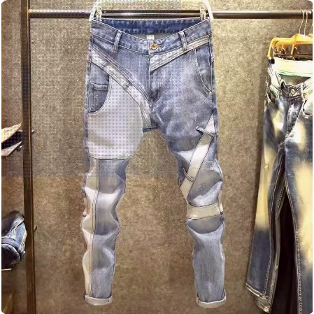 時尚春秋款牛仔褲男潮牌破洞補丁彈力修身小腳個性撞色拼接百搭褲子男