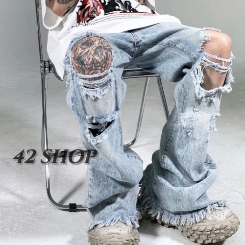 ?? ???? ??????| 小眾嘻哈街頭膝蓋大破洞寬鬆毛邊微喇牛仔褲