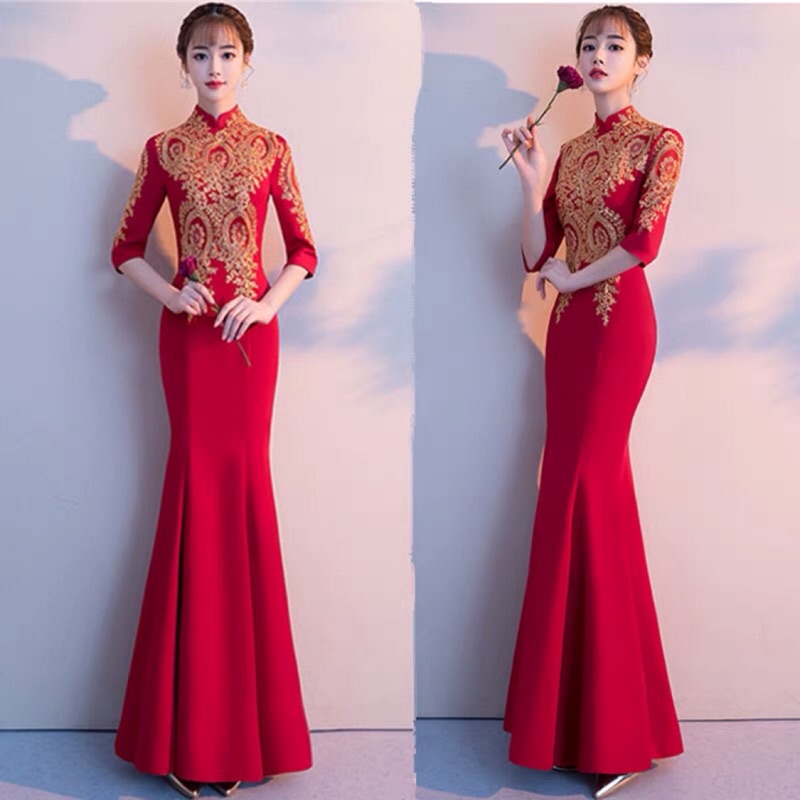 ❤️現貨在台，大紅M-2XL黑S酒紅L 敬酒服 新娘 婚紗 中國風 中式 魚尾 旗袍 禮服 婚紗 連衣裙 長裙 包臀