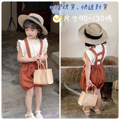 兒童 女童吊帶褲套裝 南瓜褲 2023夏季新款韓版女童面包褲吊带短褲 短袖兩件套棉
