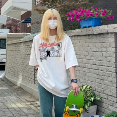 【三番雜貨屋】我超開心的啦～ 純棉上衣 短袖 寬鬆美式復古 原宿慵懶風 日系少女感