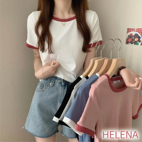 【Helena】韓版設計感拼接色短版上衣 圓領上衣 短袖T恤 短袖上衣 顯瘦上衣 撞色款 短板上衣【A1106】
