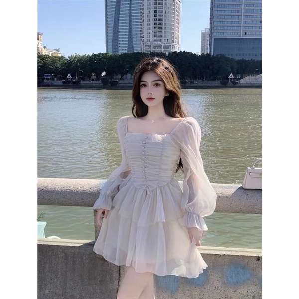 ❤️現貨在台，杏S- L氣質 仙女 伴娘 初戀 復古 褶皺 蓬蓬裙 法式 方領 長袖 雪紡 連衣裙 洋裝 禮服