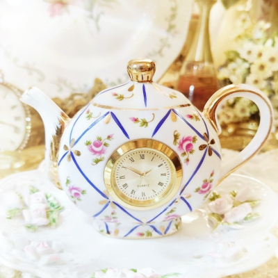 歐洲收藏Vintage描金24K玫瑰茶壺造型擺飾鐘