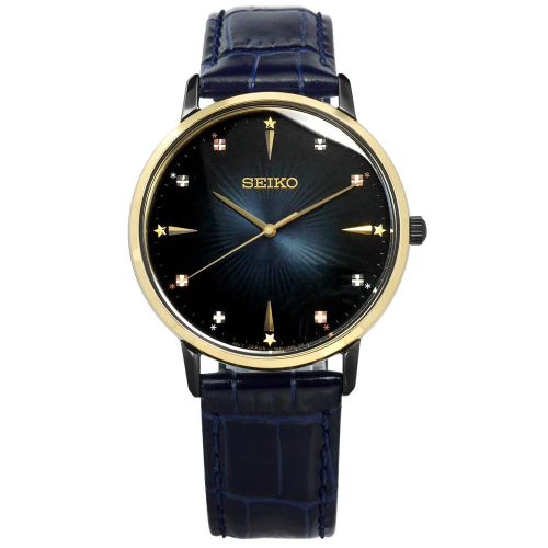 SEIKO 限量款 放射漸層 日本機芯 牛皮手錶-深藍x金黑框/38mm7N01-0JR0K