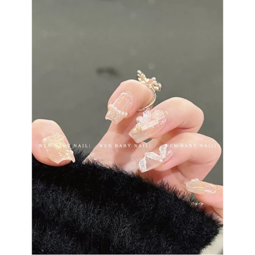 芭蕾少女～山茶花仙气美甲珍珠蝴蝶温柔冰透裸色穿戴甲
