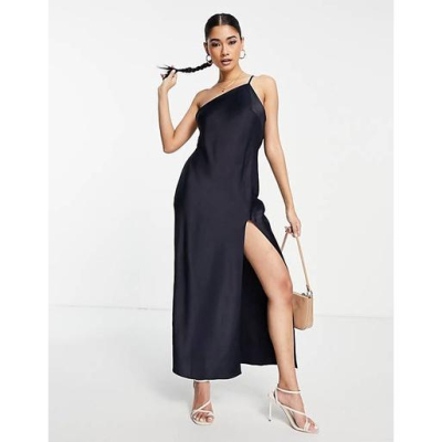 ASOS DESIGN 海軍藍 垂墜背緞面單肩中長裙 大腿高開衩 一字肩款式 US0