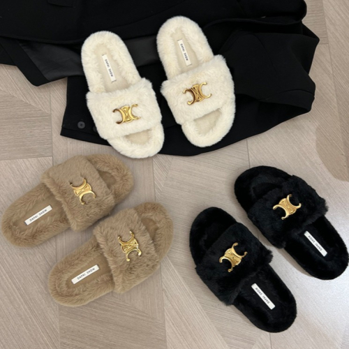 ?時髦！舒服?K03韓國空運??凱旋門 金屬釦 毛毛拖鞋 雙c扣 外穿拖鞋 棉絨拖鞋 圓頭 毛絨 韓國拖鞋