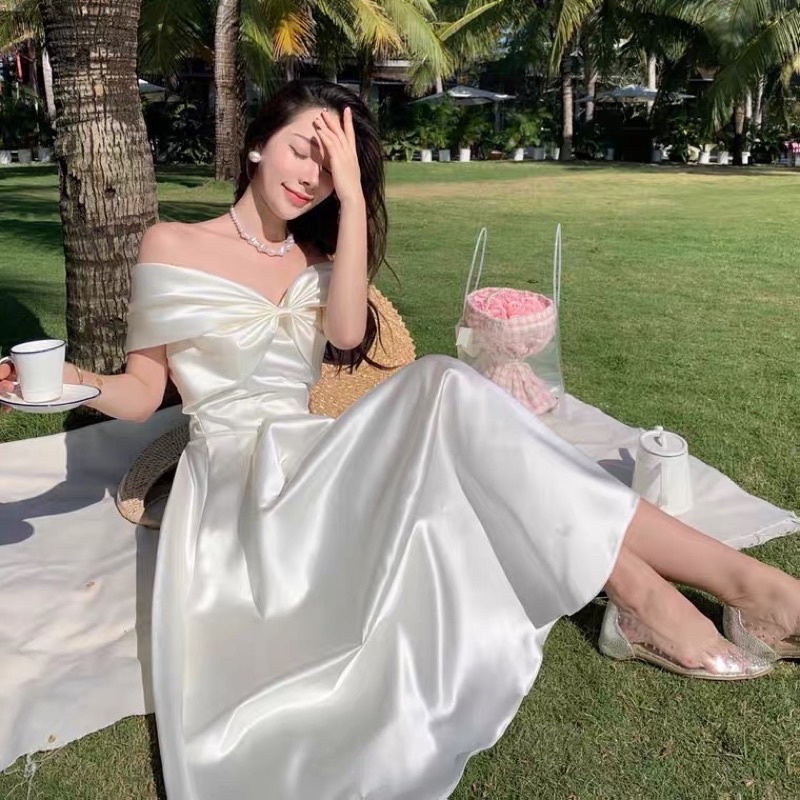 ❤️現貨在台，XS- XL 法式 小眾 禮服 伴娘 緞面 婚宴 白色 仙女 連衣裙 蝴蝶結 平口 一字領 抹胸 長裙