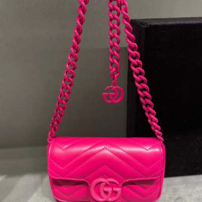 二手99新Gucci古馳女包粉色GG Marmont馬蒙單肩包/腰包多種背法699757