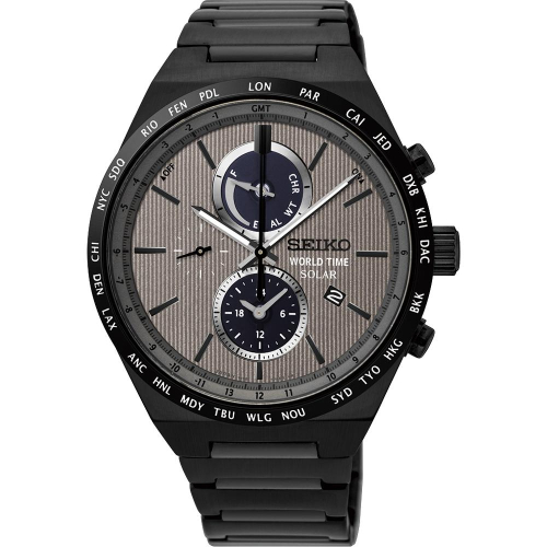 SEIKO 精工 SPIRIT 太陽能兩地時間計時腕錶 灰x鍍黑 (SSC527J1/V195-0AE0N)